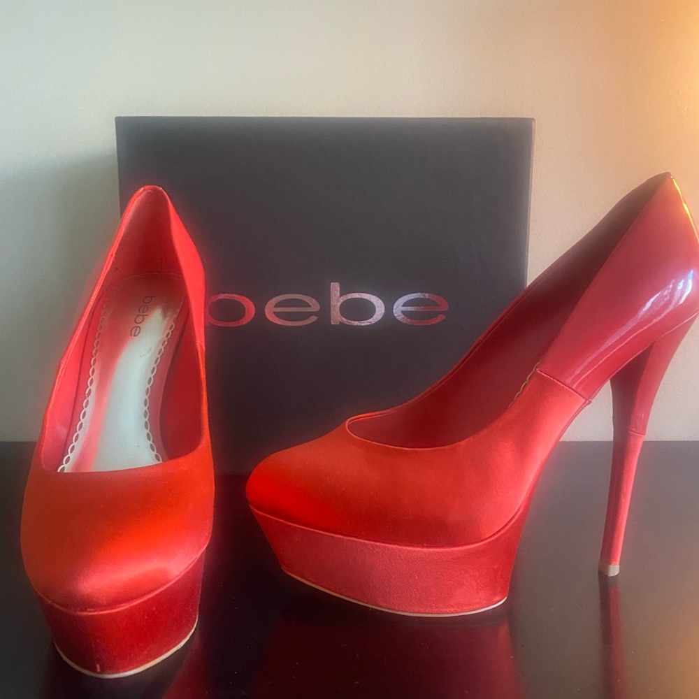 BEBE Rosario-red satin and leather high heel! 5” heel 1.5” platform